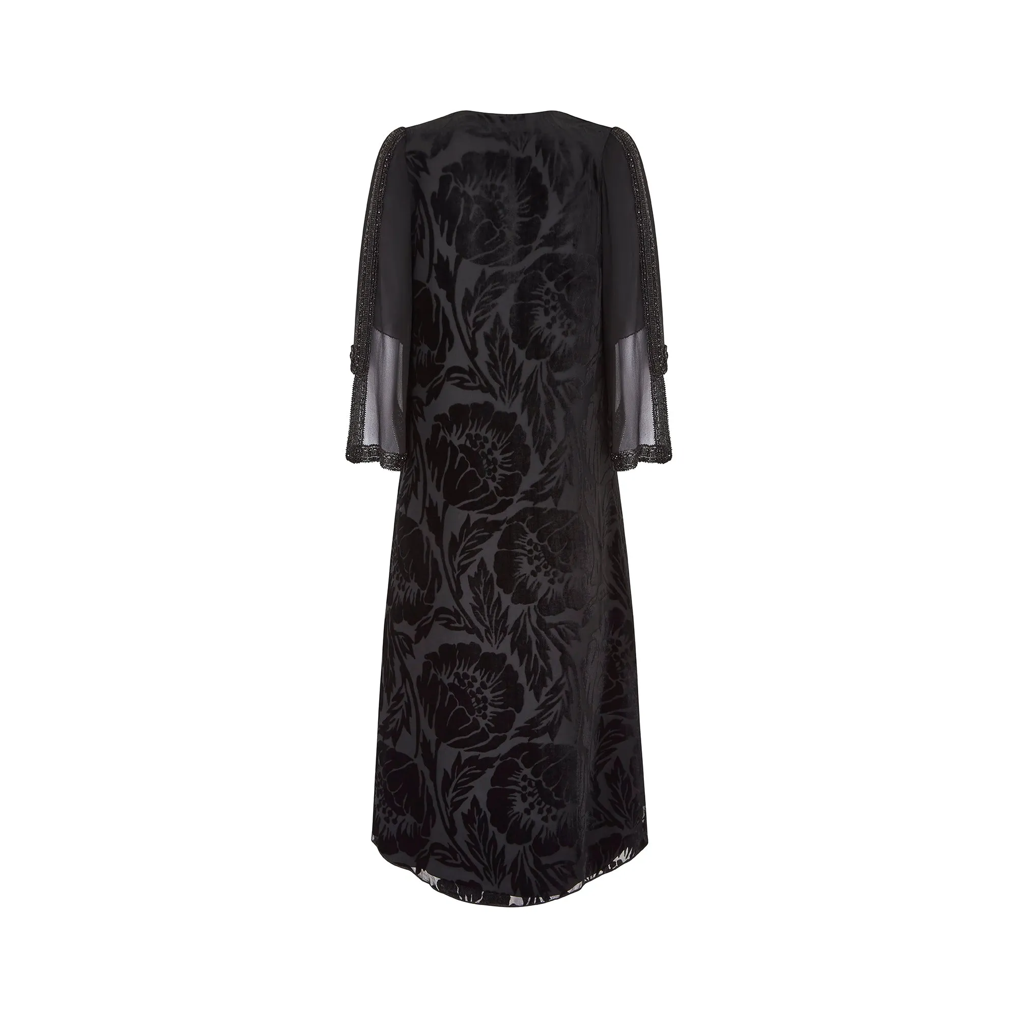 1930s Floral Black Burnout Velvet Dress with Fluted Sleeves