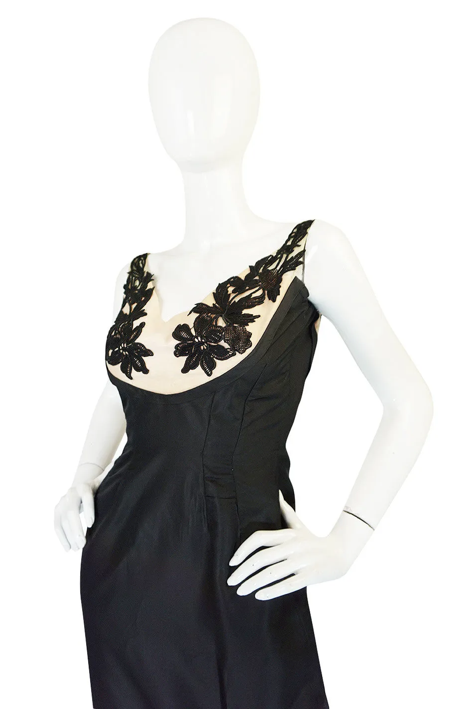 1950s Floral & Nude Applique Bust Black Silk Bombshell Dress