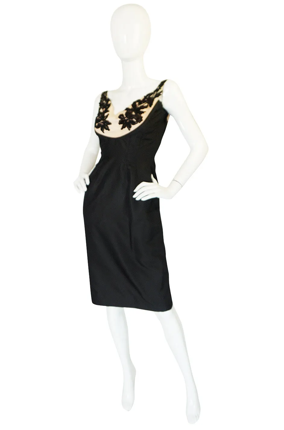 1950s Floral & Nude Applique Bust Black Silk Bombshell Dress