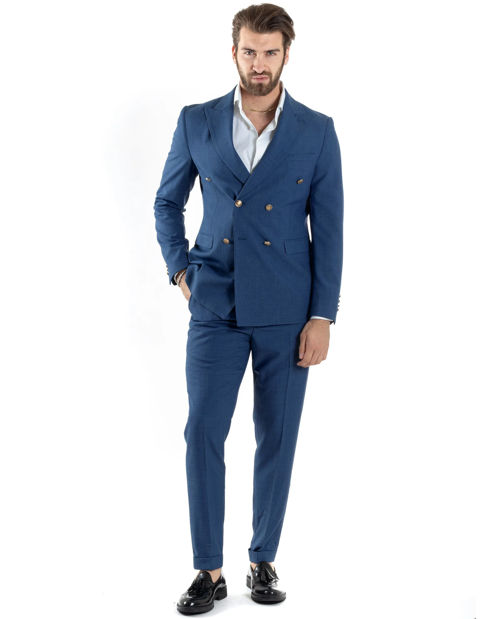 Abito Uomo Doppiopetto Vestito Completo Giacca Pantaloni Bottoni Metallo Blu Melangiato Elegante Casual GIOSAL-AE1056A