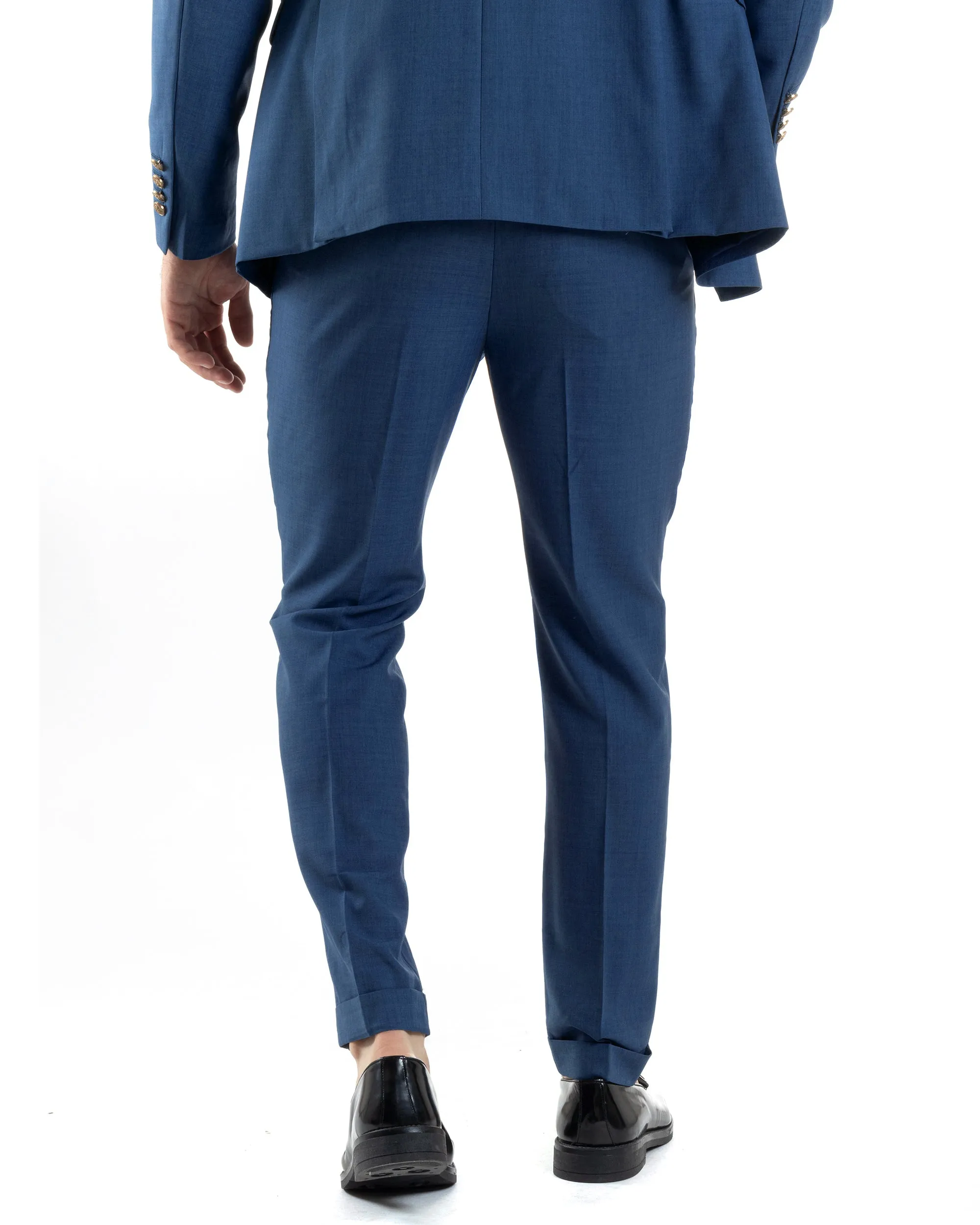 Abito Uomo Doppiopetto Vestito Completo Giacca Pantaloni Bottoni Metallo Blu Melangiato Elegante Casual GIOSAL-AE1056A