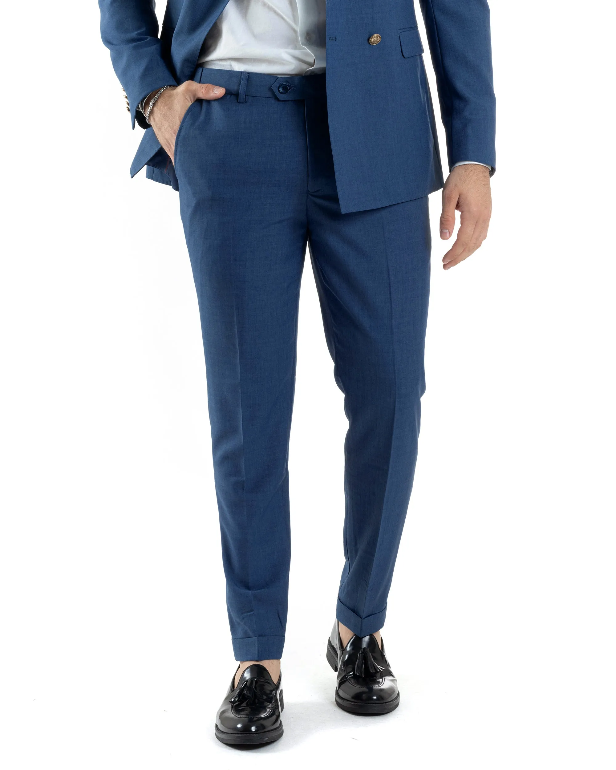 Abito Uomo Doppiopetto Vestito Completo Giacca Pantaloni Bottoni Metallo Blu Melangiato Elegante Casual GIOSAL-AE1056A