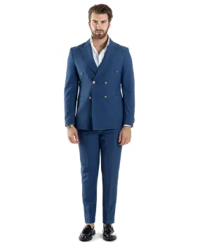 Abito Uomo Doppiopetto Vestito Completo Giacca Pantaloni Bottoni Metallo Blu Melangiato Elegante Casual GIOSAL-AE1056A