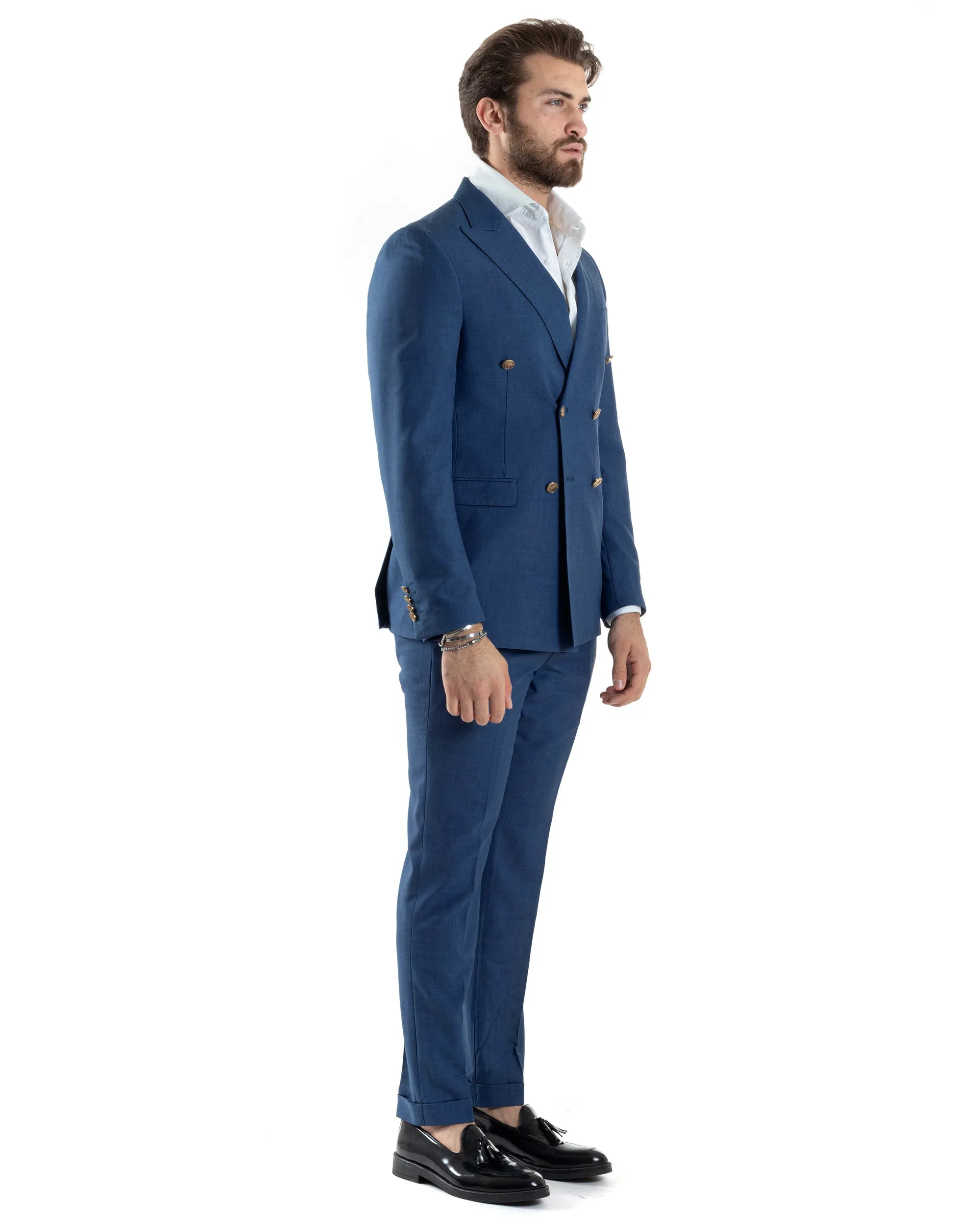 Abito Uomo Doppiopetto Vestito Completo Giacca Pantaloni Bottoni Metallo Blu Melangiato Elegante Casual GIOSAL-AE1056A