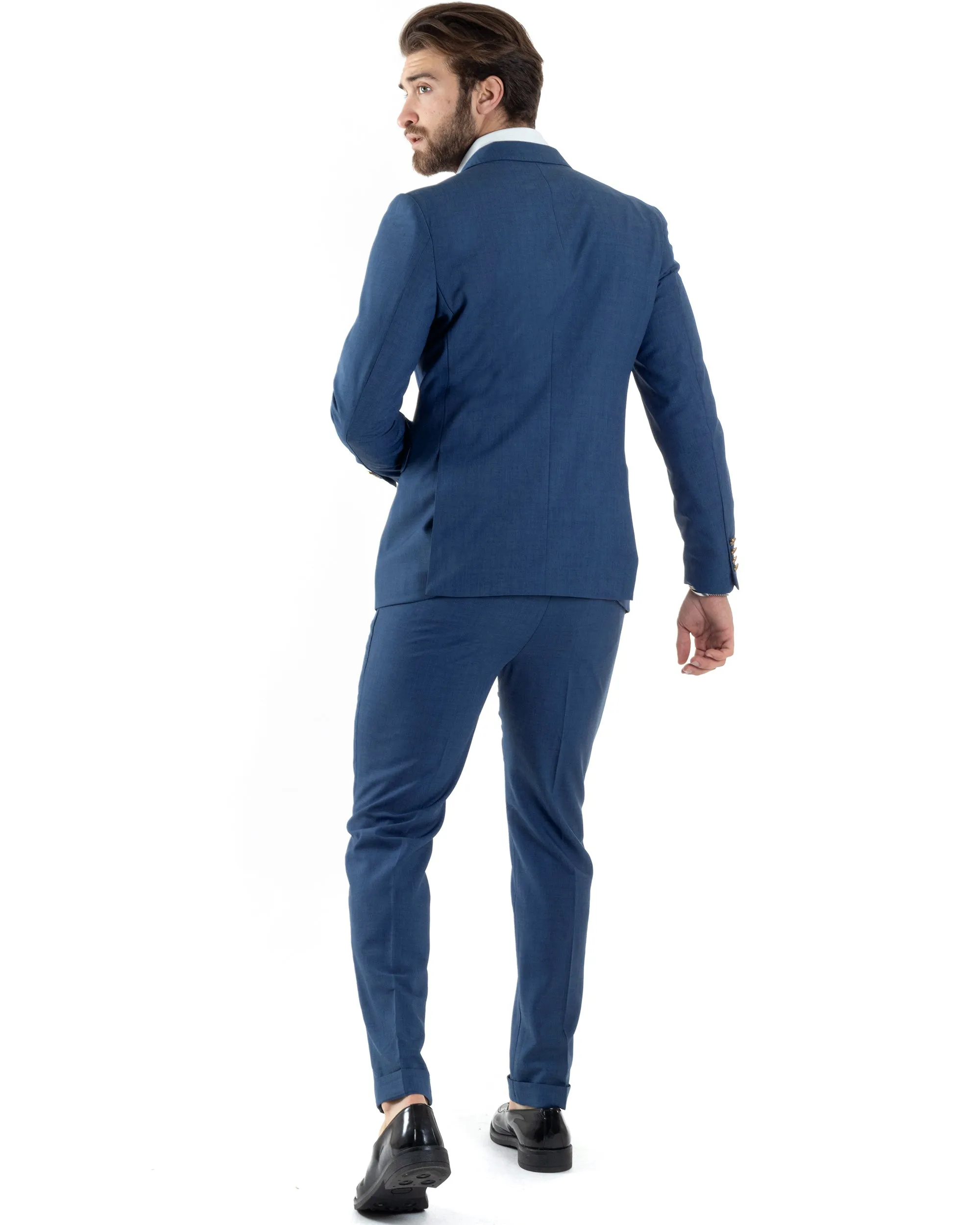 Abito Uomo Doppiopetto Vestito Completo Giacca Pantaloni Bottoni Metallo Blu Melangiato Elegante Casual GIOSAL-AE1056A