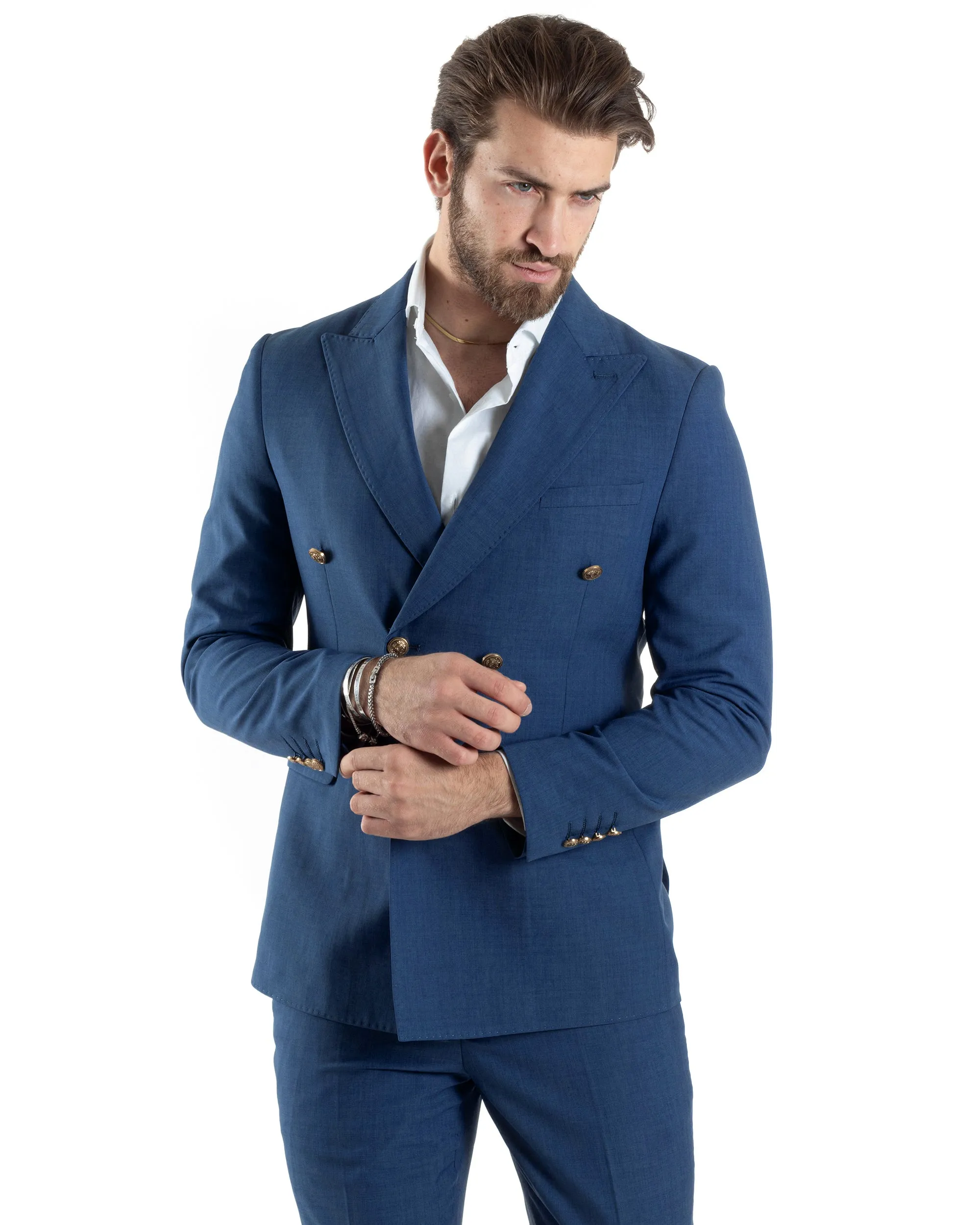 Abito Uomo Doppiopetto Vestito Completo Giacca Pantaloni Bottoni Metallo Blu Melangiato Elegante Casual GIOSAL-AE1056A