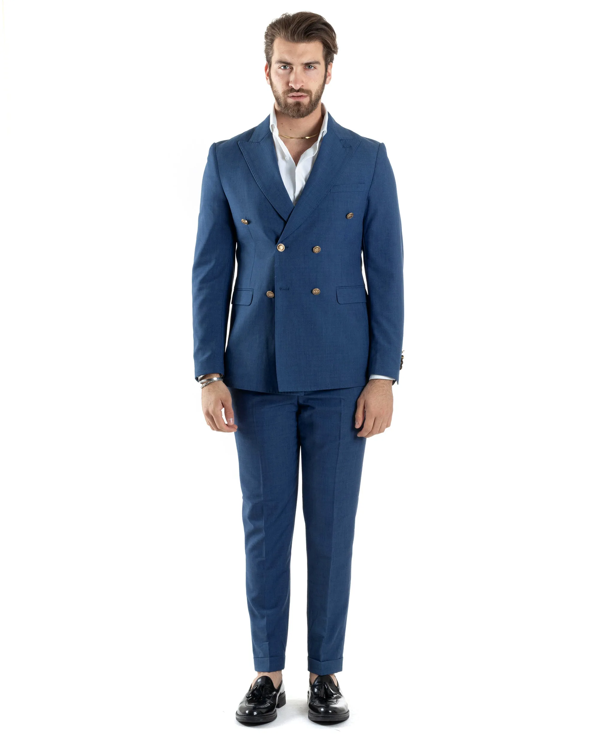 Abito Uomo Doppiopetto Vestito Completo Giacca Pantaloni Bottoni Metallo Blu Melangiato Elegante Casual GIOSAL-AE1056A