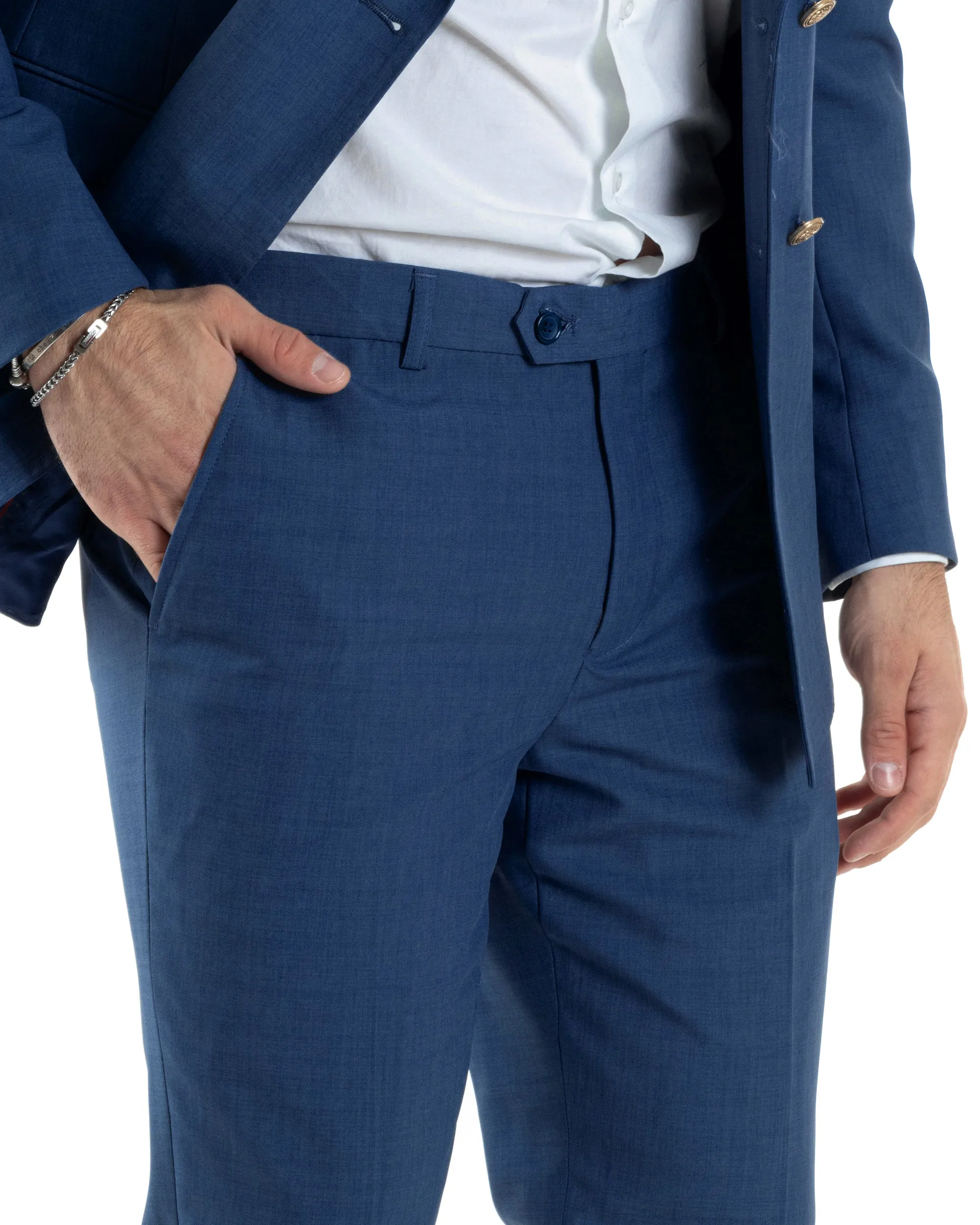 Abito Uomo Doppiopetto Vestito Completo Giacca Pantaloni Bottoni Metallo Blu Melangiato Elegante Casual GIOSAL-AE1056A