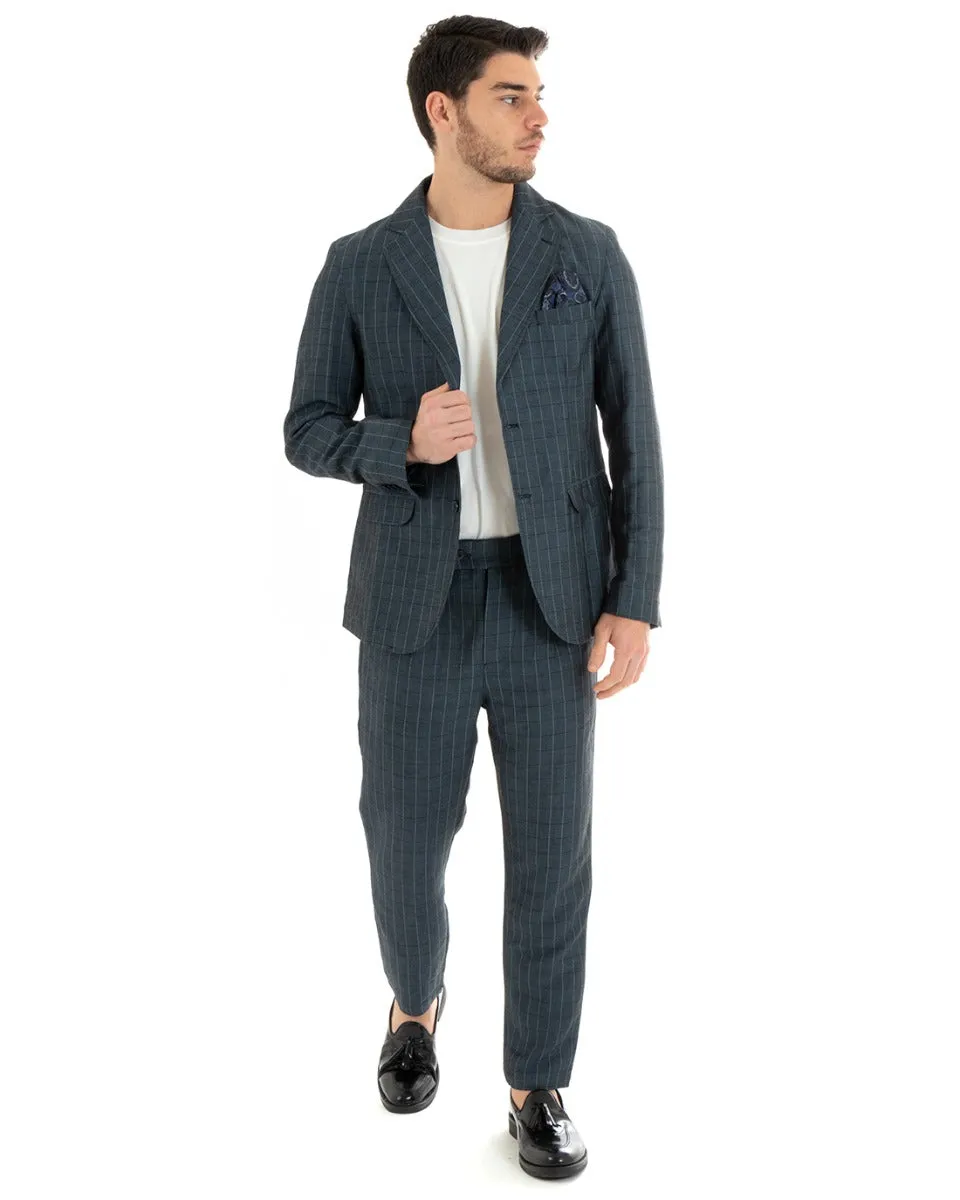 Abito Uomo Monopetto Completo Lino Blu A Quadri Sartoriale Giacca Pantaloni Elegante Casual GIOSAL-OU2289A