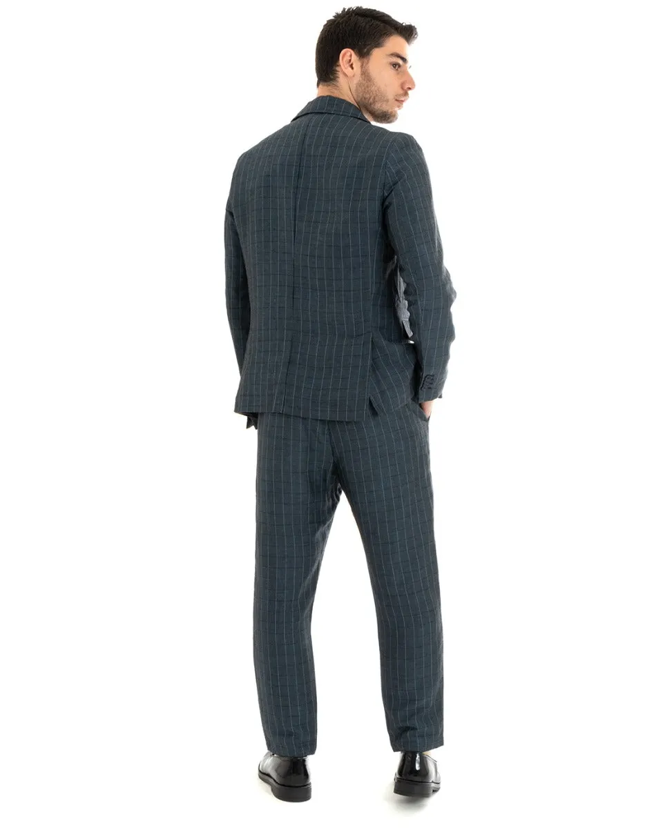 Abito Uomo Monopetto Completo Lino Blu A Quadri Sartoriale Giacca Pantaloni Elegante Casual GIOSAL-OU2289A