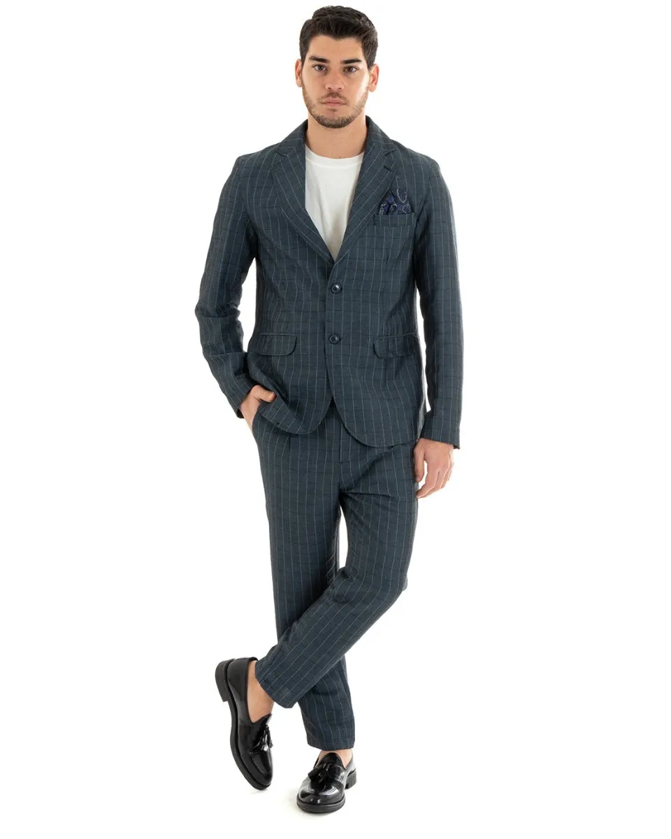 Abito Uomo Monopetto Completo Lino Blu A Quadri Sartoriale Giacca Pantaloni Elegante Casual GIOSAL-OU2289A