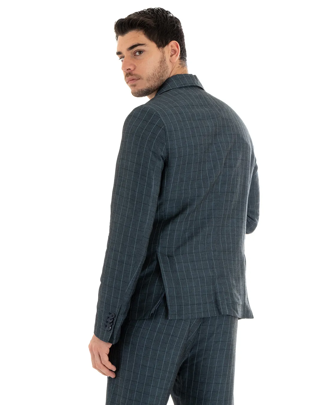 Abito Uomo Monopetto Completo Lino Blu A Quadri Sartoriale Giacca Pantaloni Elegante Casual GIOSAL-OU2289A