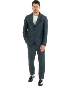 Abito Uomo Monopetto Completo Lino Blu A Quadri Sartoriale Giacca Pantaloni Elegante Casual GIOSAL-OU2289A