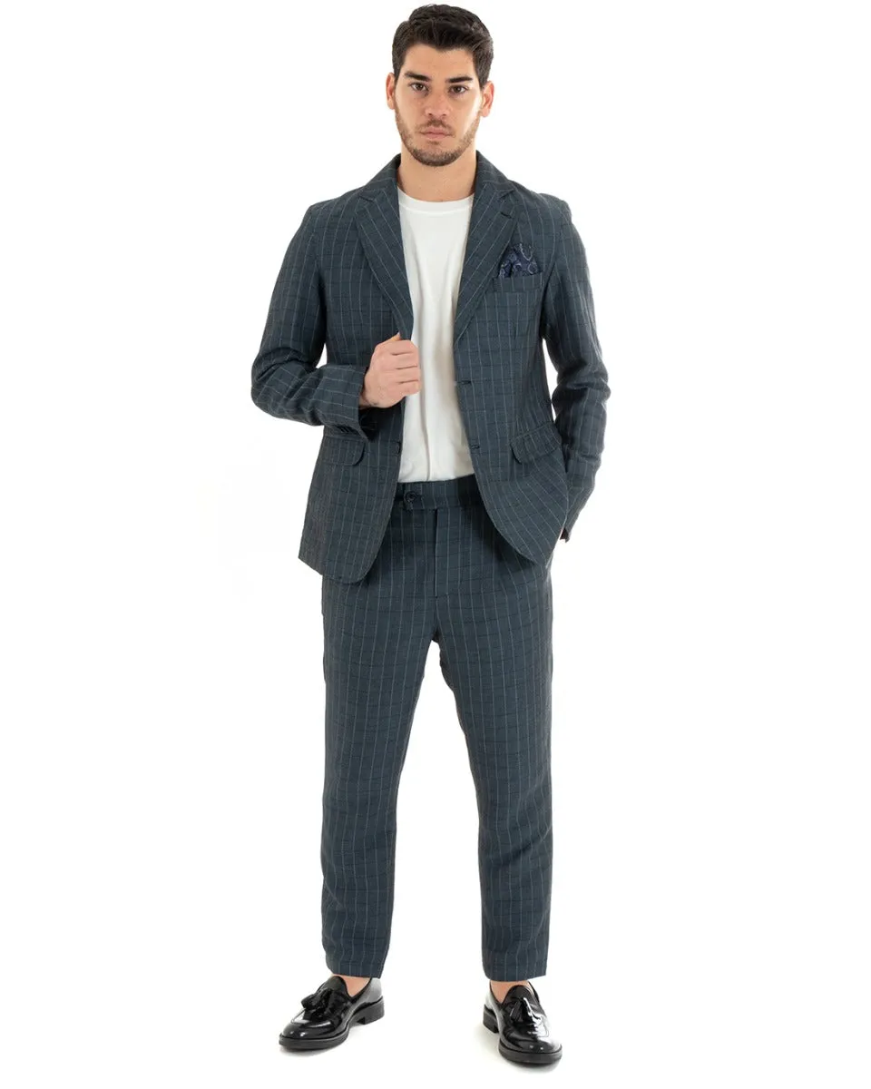 Abito Uomo Monopetto Completo Lino Blu A Quadri Sartoriale Giacca Pantaloni Elegante Casual GIOSAL-OU2289A