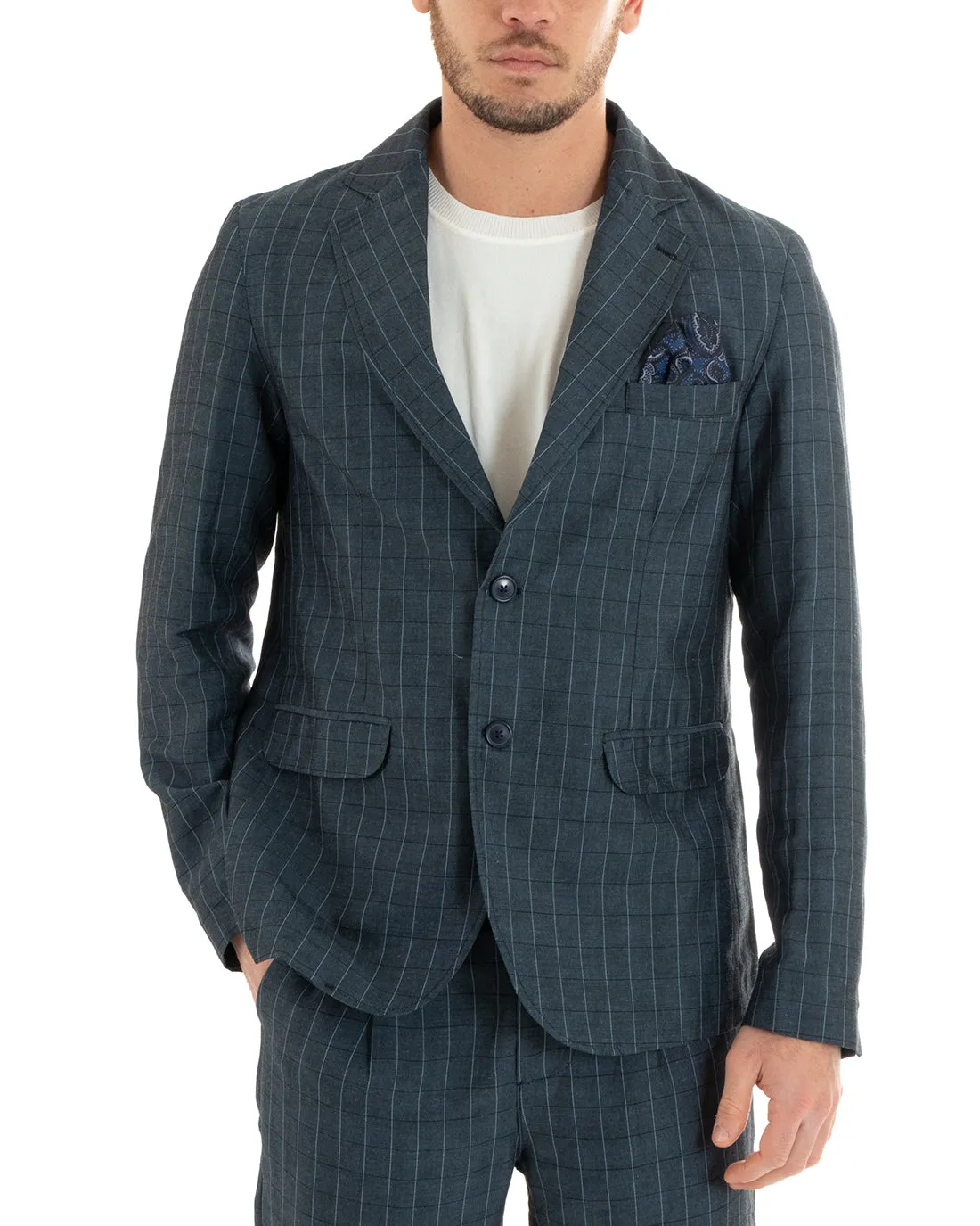 Abito Uomo Monopetto Completo Lino Blu A Quadri Sartoriale Giacca Pantaloni Elegante Casual GIOSAL-OU2289A