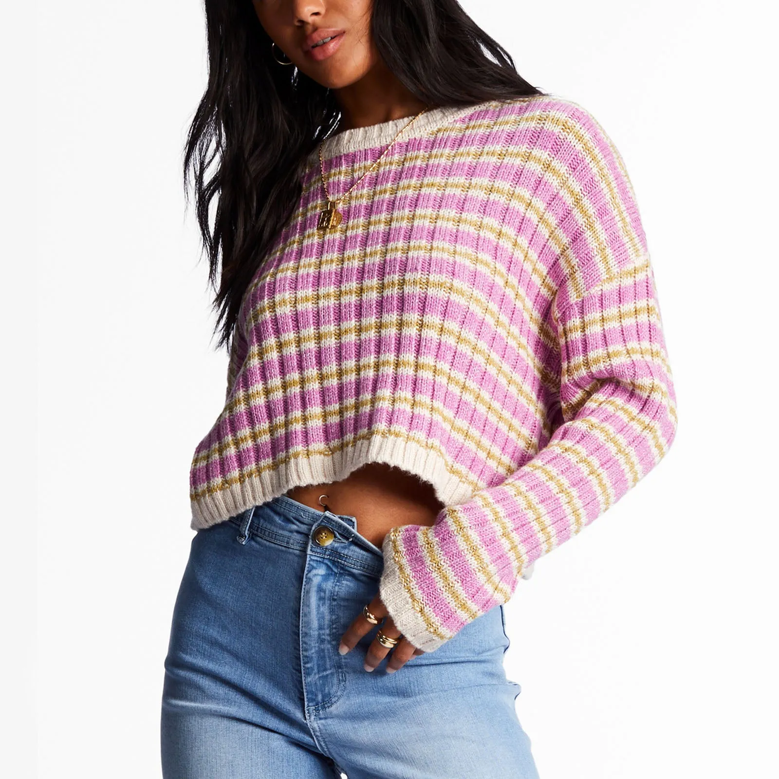 Billabong Womens In A Daze Cropped Striped Jumper - Bright Orchid