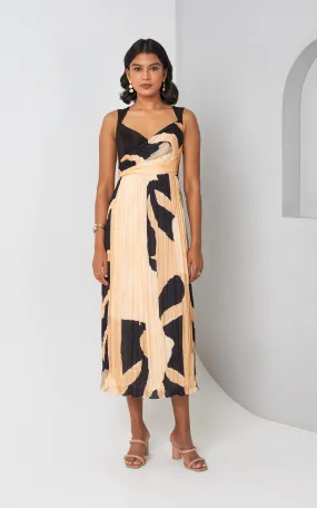 Black And Beige Abstract Printed Midi Dress