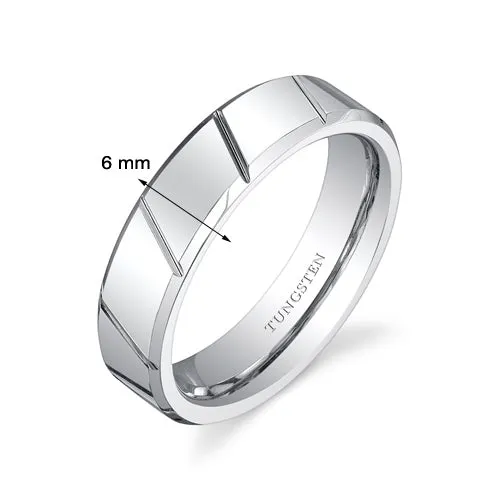 Diagonal Notches 6mm Unisex Tungsten Band Size 8.5