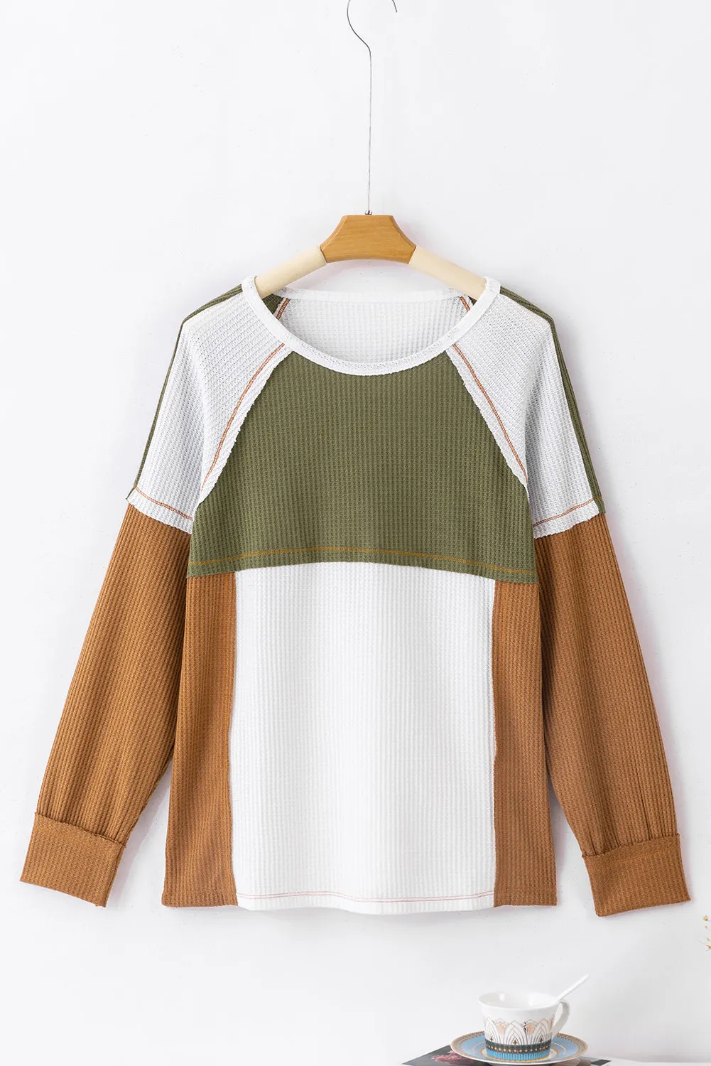 Green Color Block Exposed Seam Waffle Knit Long Sleeve Top