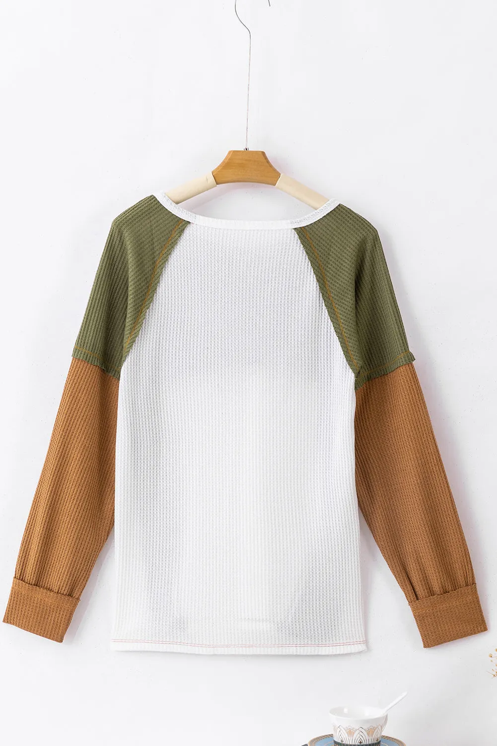 Green Color Block Exposed Seam Waffle Knit Long Sleeve Top