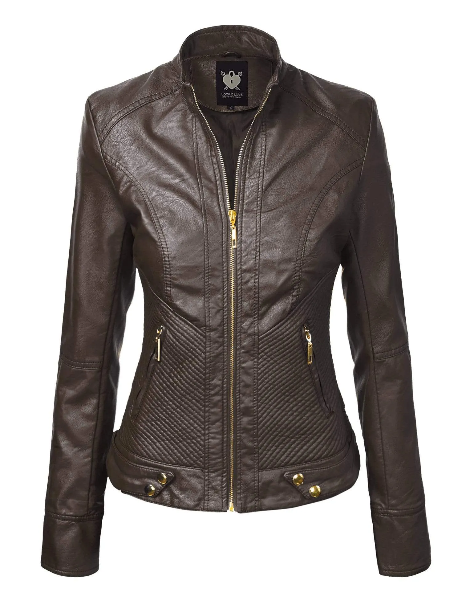 Made By Johnny MBJ Womens Faux Leather Zip Up Moto Biker Jacket with Stitching Detail