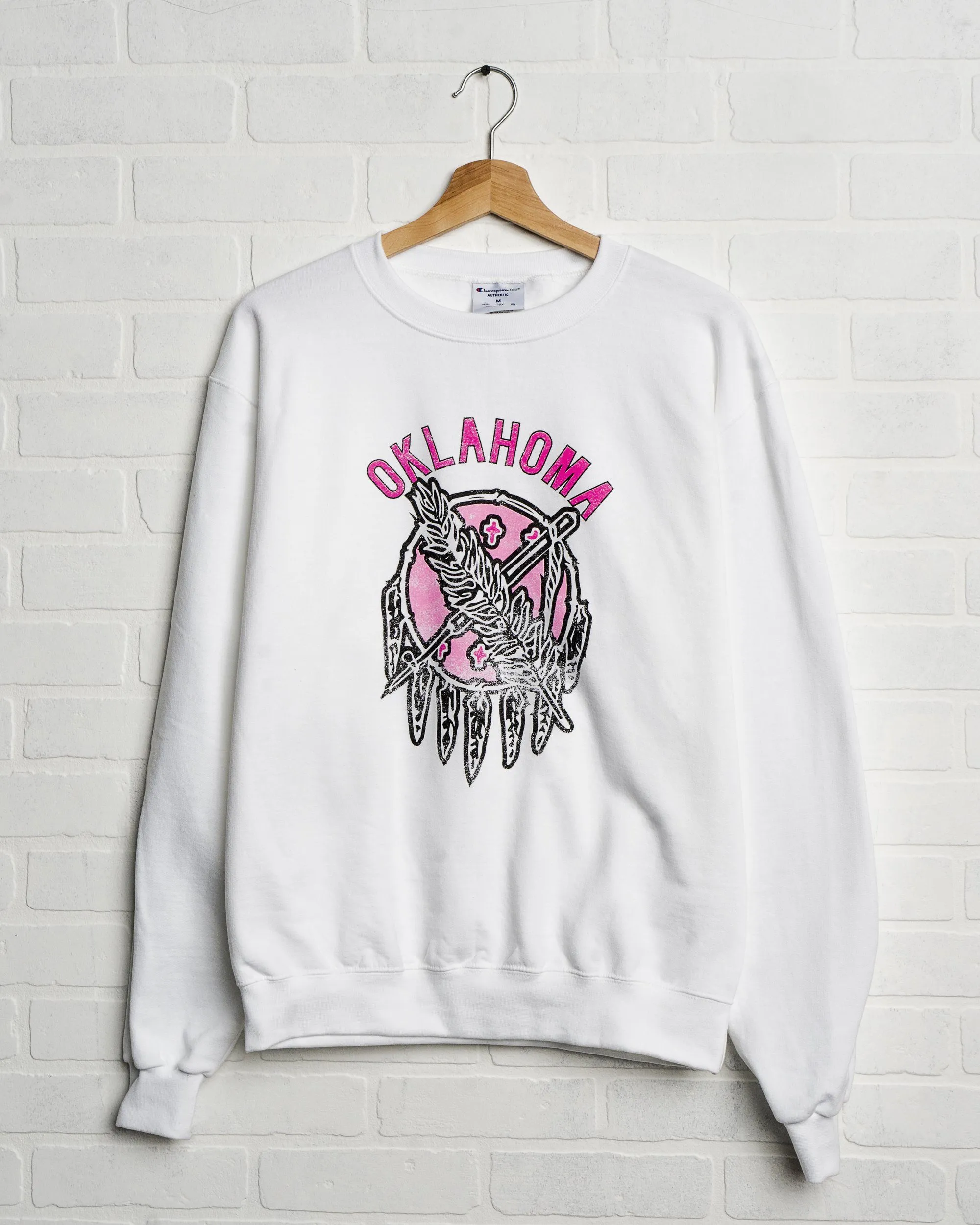 Oklahoma Sticker Shield White Sweatshirt with Pink Letters