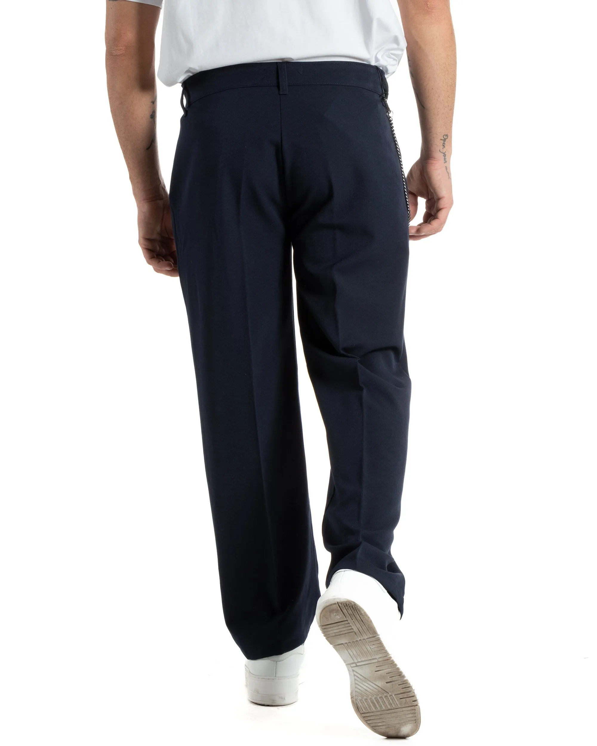 Pantaloni Uomo Viscosa Baggy Fondo Largo Tasca America Abbottonatura Allungata Casual Blu GIOSAL-P5997A