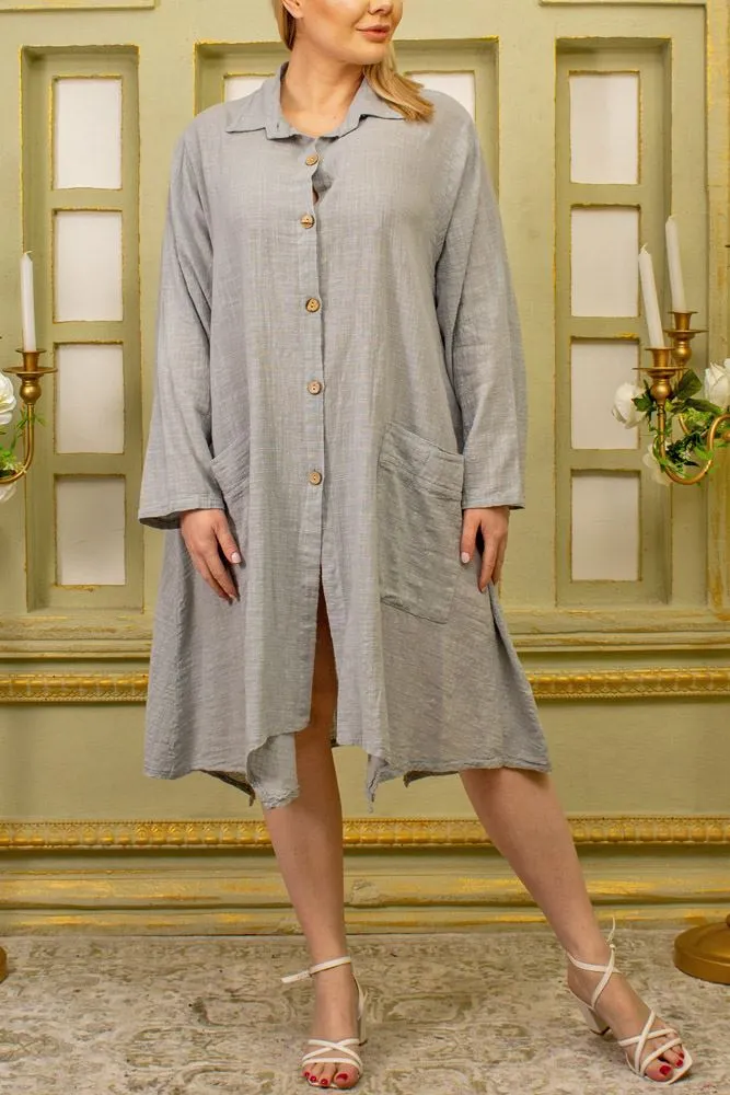 Plain Pockets Details Long Shirt Dress