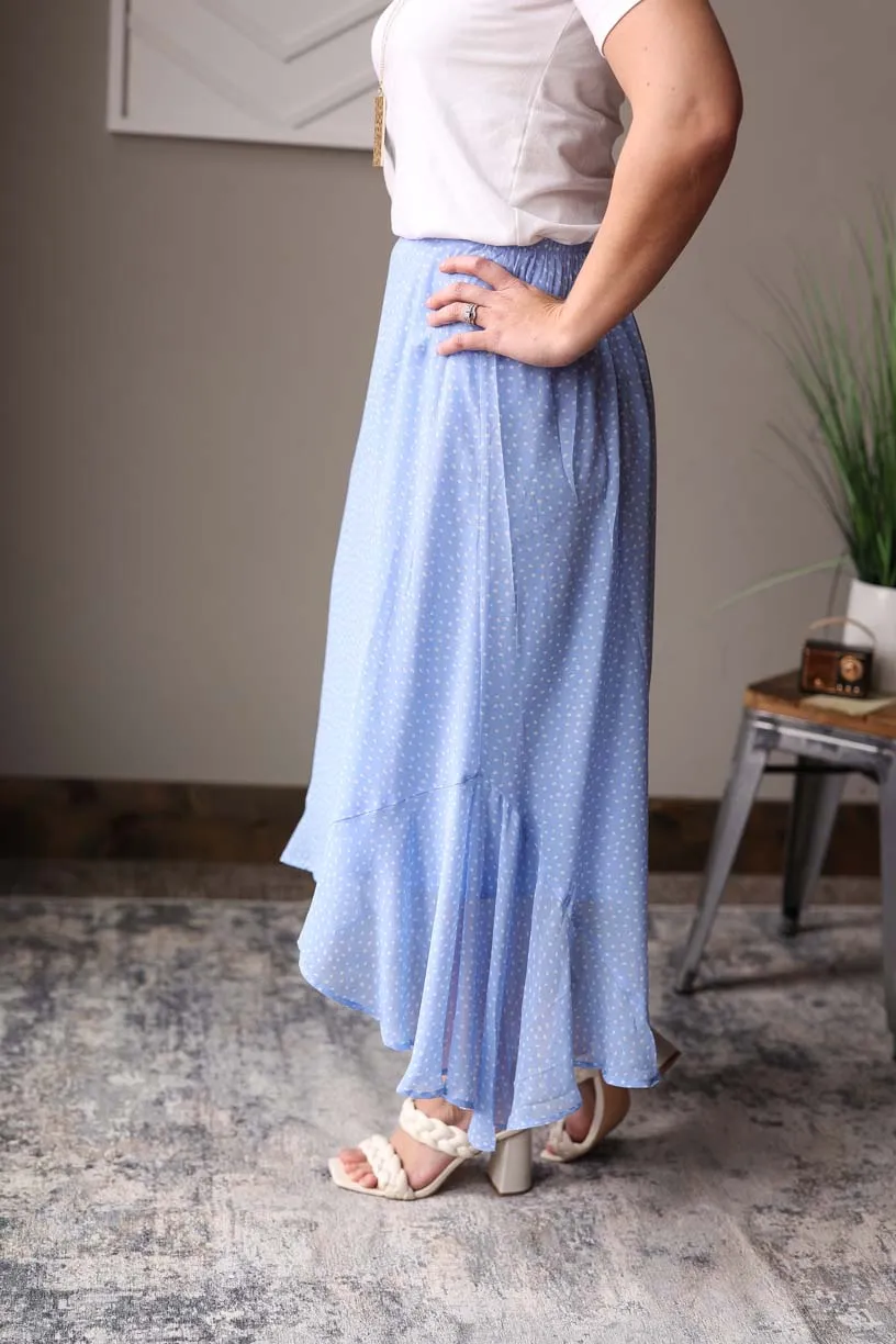 Spring Blue Ivory Polka Dot Hi-Low Skirt