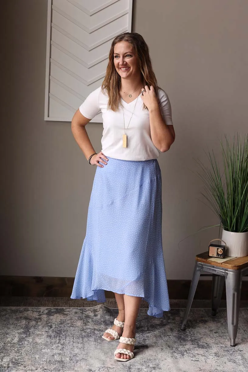 Spring Blue Ivory Polka Dot Hi-Low Skirt