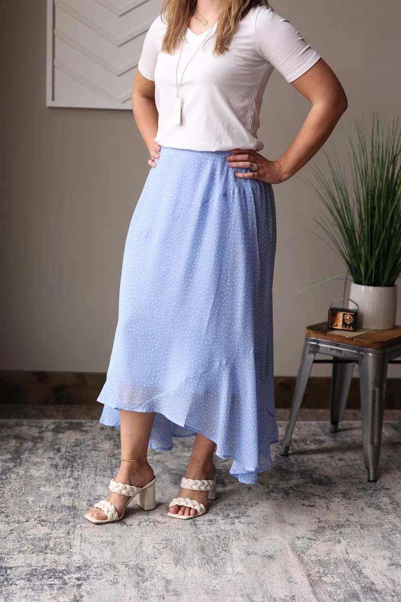 Spring Blue Ivory Polka Dot Hi-Low Skirt